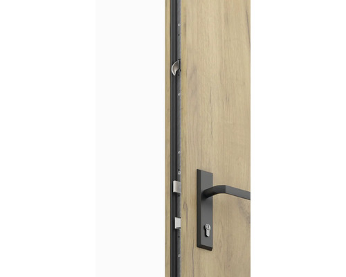 Detail dřevěných dveří s vícebodovým zamykáním a černou klikou