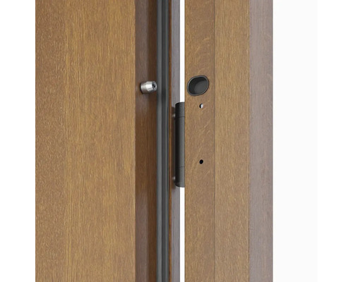 Detailní pohled na otevřené dřevěné dveře s kováním