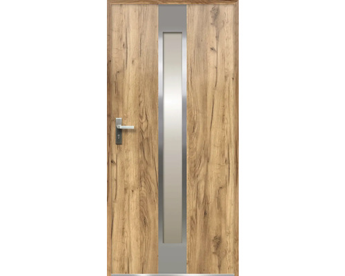 Dřevěné dveře s proskleným otvorem a klikou