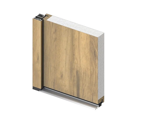 Průřez dveřního křídla s dřevěným vzorem a kovovými prvky