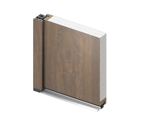 Řez dveřmi s dřevěným dekorem a izolačním materiálem