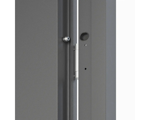 Detail šedých bezpečnostních dveří se zámkem a pantem