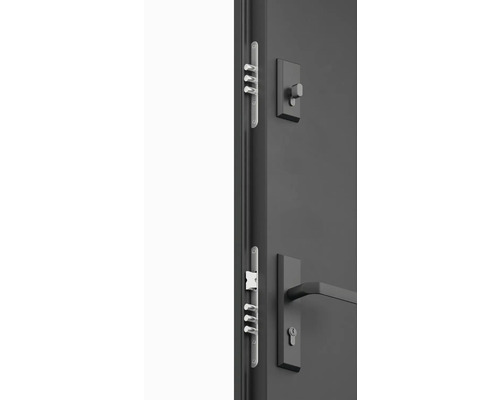 Detailní pohled na šedý bezpečnostní zámek dveří s vícebodovým zamykáním