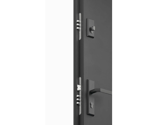 Detail vícebodového zámku na dveřích s klikou a otočným knoflíkem