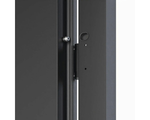 Detail otevřených dveří se zámkem a pantem