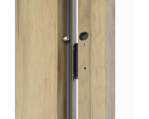 Detail dřevěných vchodových dveří s kováním