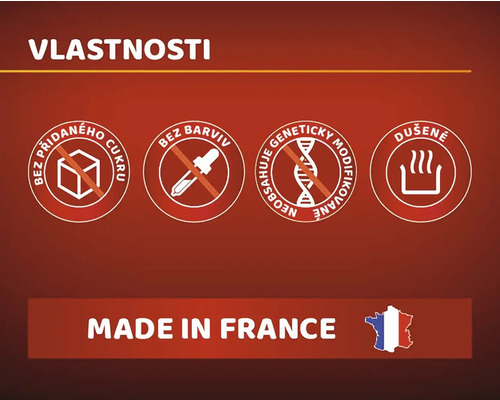 Vlastnosti: Bez přidaného cukru, bez barviv, geneticky nemodifikované, dušené, vyrobeno ve Francii