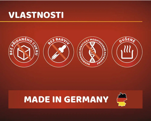 Vlastnosti: Bez přidaného cukru, bez barviv, neobsahuje geneticky modifikované potraviny, dušené, vyrobeno v Německu