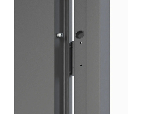 Detail šedých dveří s dveřním pantem a otočným knoflíkem