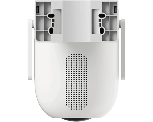 Zadní pohled na bílou bezpečnostní kameru s reproduktorem