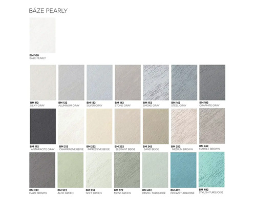 Vzorník barev Baze Pearly s různými odstíny šedé, béžové, hnědé a tyrkysové