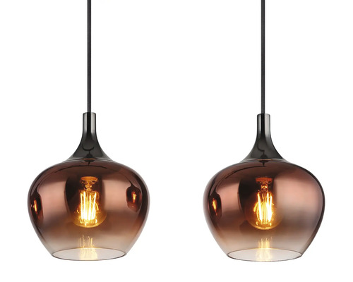 Dvě závěsné lampy s hnědými skleněnými stínidly a černým zavěšením