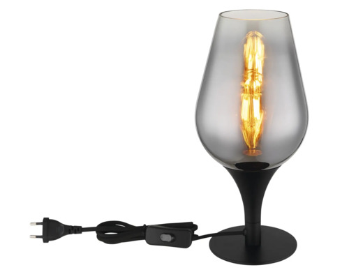 Stolní lampa se šedým skleněným stínidlem a Edisonovou žárovkou na černém podstavci