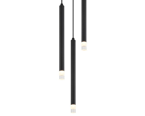 Tři černé závěsné lampy s válcovým designem