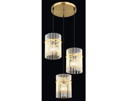 Závěsné svítidlo se třemi světly, průhlednými tyčemi a zlatavým závěsem
