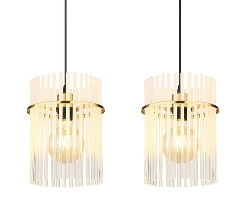 Dvě závěsné lampy s válcovým stínidlem z průhledných tyčí a zlatými akcenty