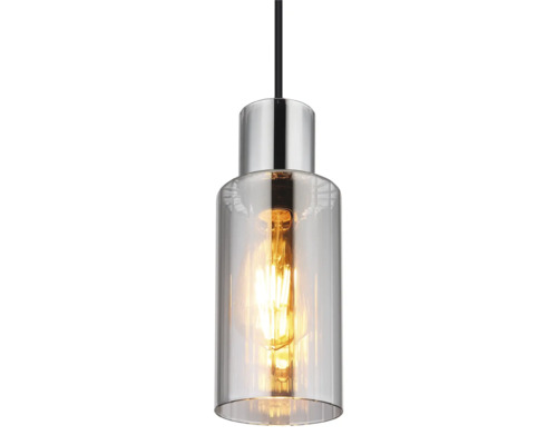 Závěsná lampa s průhledným skleněným stínidlem a kovovými prvky