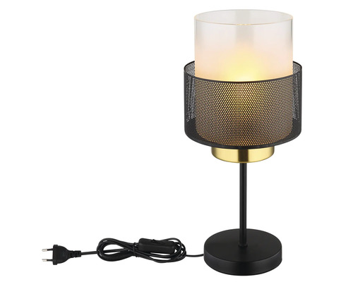 Stolní lampa se skleněným stínidlem a kovovou mřížkou