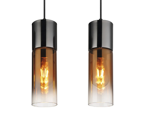 Dvě závěsná svítidla s skleněným a kovovým stínidlem