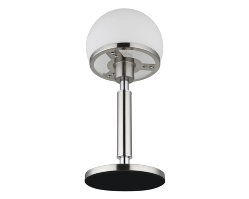 Stolní lampa s kulatým bílým skleněným stínidlem a kovovou základnou