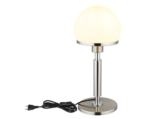 Stolní lampa s kulovitým skleněným stínidlem a kovovou základnou