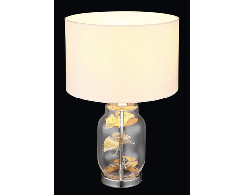 Stolní lampa se stínidlem a skleněnou základnou s motivem listů