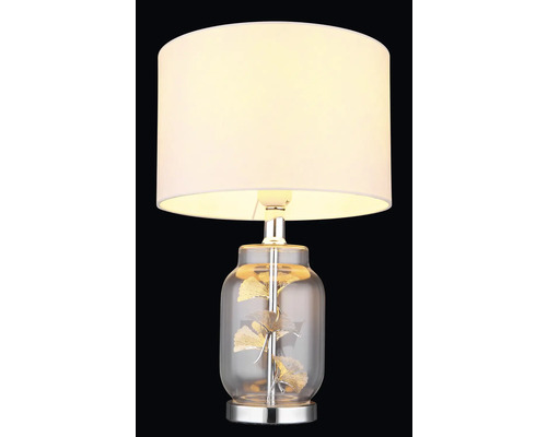 Stolní lampa se stínidlem a skleněnou základnou s motivem listů
