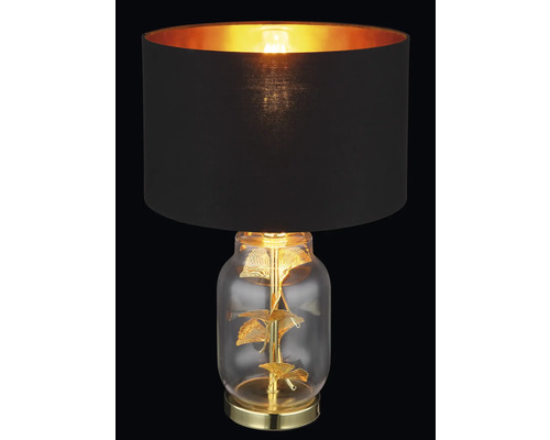 Stolní lampa s černým stínidlem a průhlednou skleněnou základnou se zlatými listy ginkgo