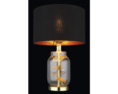 Stolní lampa s černým stínidlem a ozdobným motivem listů ve skleněné základně