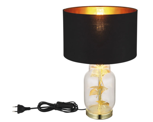 Stolní lampa s černým stínidlem a skleněnou základnou s motivem listů