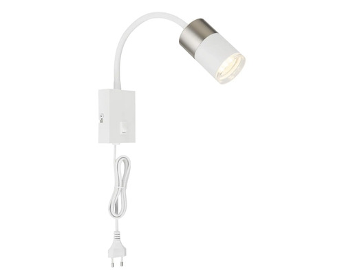 Bílá nástěnná lampa s flexibilním ramenem a síťovou zástrčkou