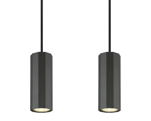 Dvě šedá závěsná svítidla s válcovitým stínidlem a LED osvětlením