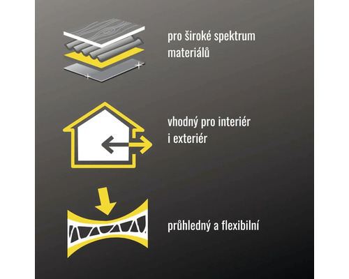 Vhodné pro široké spektrum materiálů, pro interiéry i exteriéry, průhledné a flexibilní.