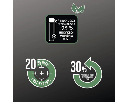 Informace o recyklovaných materiálech: nádoba vyrobena z 25 procent recyklovaného kovu, o 20 procent nižší následná expanze, vyrobena z 30 procent recyklovaného spotřebitelského materiálu