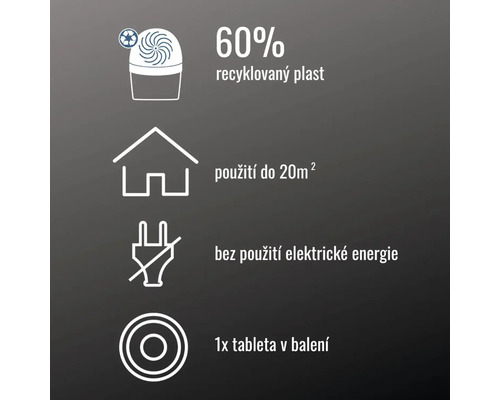 Vlastnosti: 60 procent recyklovaného plastu, vhodné pro prostory do 20 metrů čtverečních, nepoužívá elektrickou energii, 1 tableta součástí balení