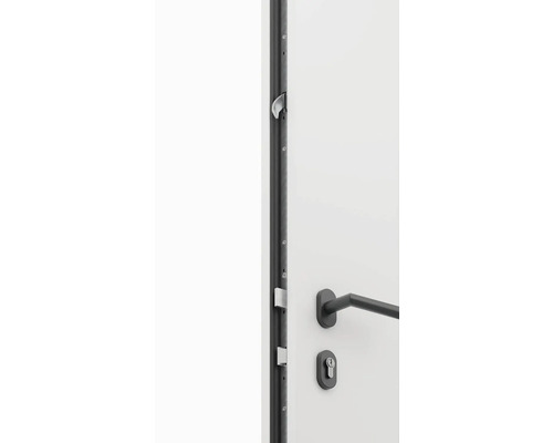 Detailní pohled na bílé dveře s černou klikou a bezpečnostním zámkem