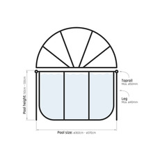Specifikace bazénu: výška 50 až 130 cm, velikost 360 až 370 cm, horní lišta maximálně 50 mm, noha maximálně 40 mm