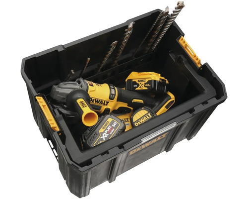 Box na nářadí s akumulátorovou úhlovou bruskou, vrtákem a akumulátory značky DeWalt