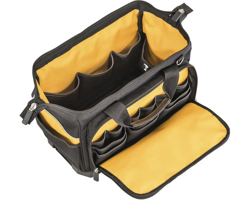 Otevřená brašna na nářadí s několika přihrádkami pro uložení nářadí.