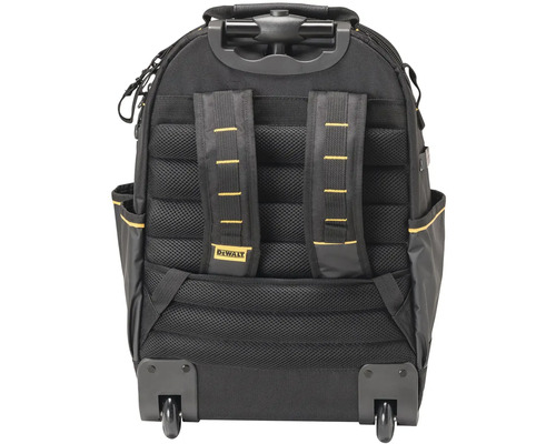 Pohled zezadu na černý batoh na nářadí s kolečky a logem DeWalt