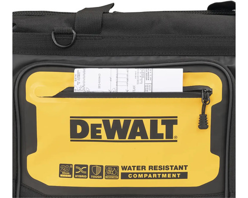 Detailní pohled na brašnu na nářadí s kapsou na zip a logem DeWalt