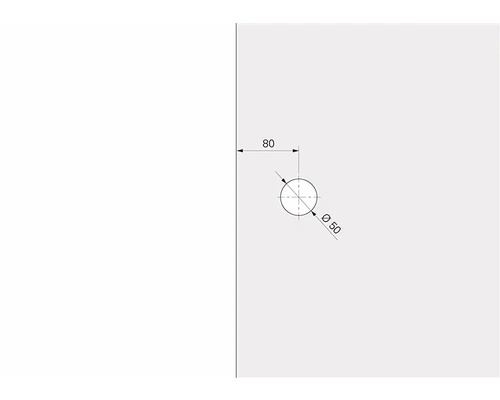 Technický nákres otvoru o průměru 50 milimetrů a vzdálenosti 80 milimetrů od okraje