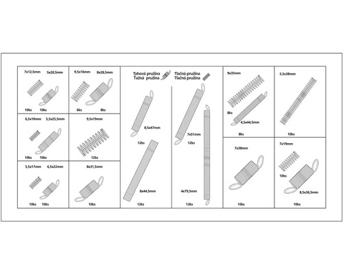 Výběr různých tažných a tlačných pružin různých rozměrů