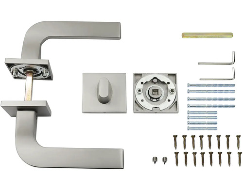 Sada kliky ke dveřím s hranatou rozetou a upevňovacím materiálem