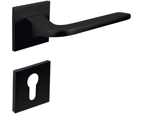 Černá sada kliky ke dveřím s hranatou rozetou a klíčovou rozetou pro interiérové dveře