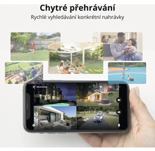 Chytrý telefon s aplikací pro chytrou domácí kameru, která zobrazuje různé videozáznamy z domu a zahrady