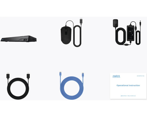 Síťový videorekordér Reolink s myší, napájecím zdrojem, kabelem HDMI, síťovým kabelem a návodem k obsluze