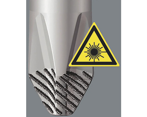 Detail nástroje s laserovým značením a výstražným znamením pro laserové záření