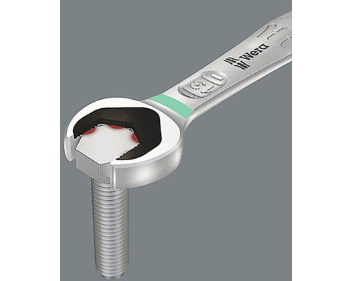 Otevřený klíč značky Wera utahuje šroub.