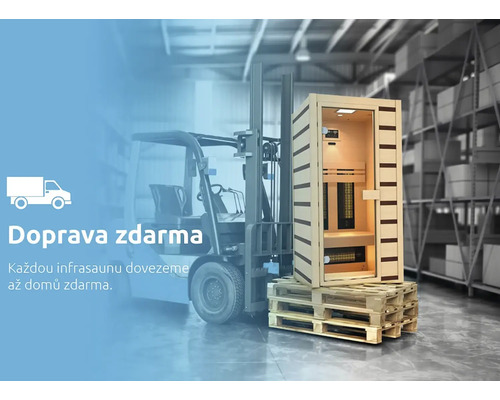 Infračervená sauna na paletě je přepravována vysokozdvižným vozíkem. Doprava zdarma.